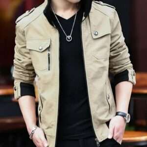 Beige Men's Military Theme Short Jacket